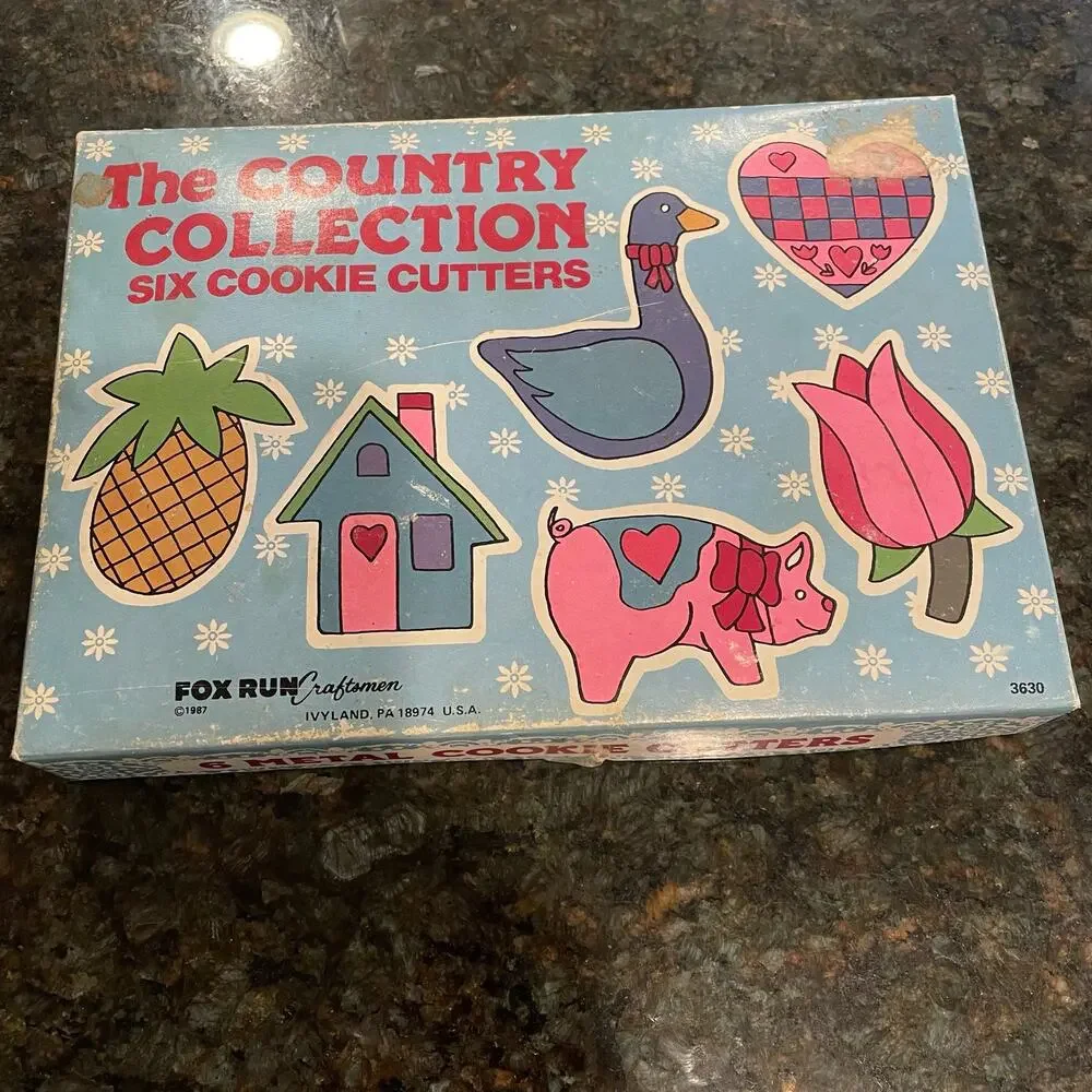 Vintage Metal Cookie Cutters Fox Run Country Collection 3630 set of 6 box 1987